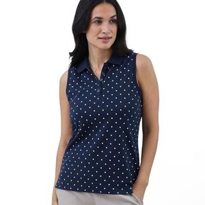 CHAPS Womens Sleeveless Polo Shirt Size Large Navy & White Polkadots New